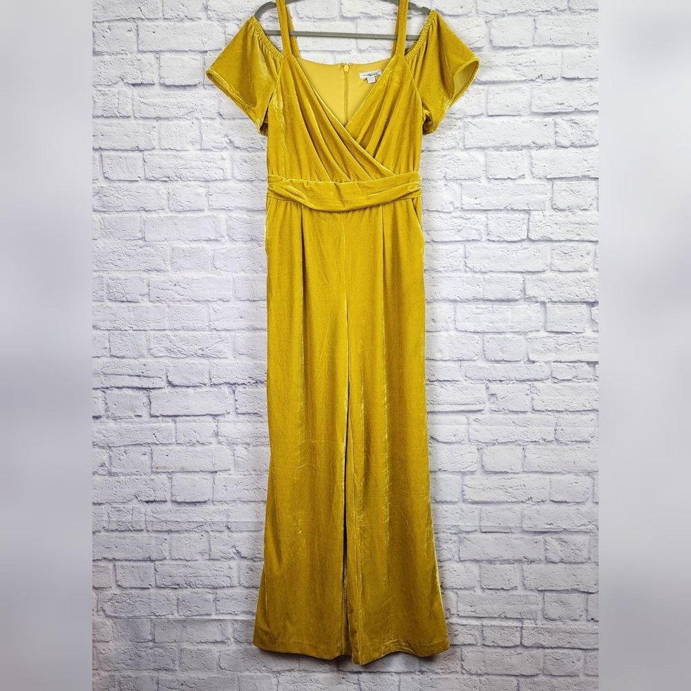 New York & Company Womens Medium Mustard Yellow Velvet Off the Shoulder Jumpsuit